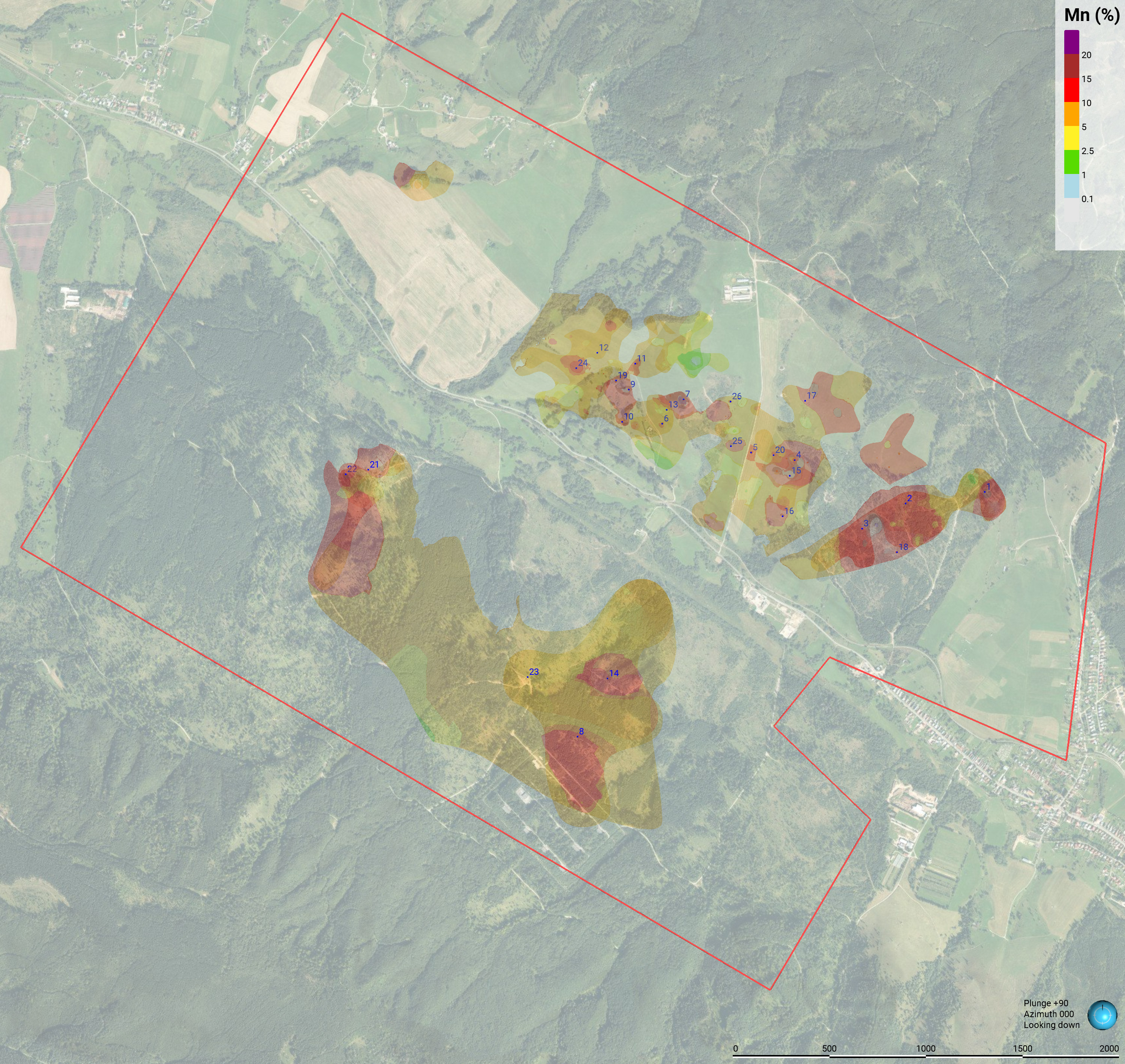 Figure 1: Michalová drill plan — planned drill collar locations over historical manganese grade contours and the licence boundary, central Slovakia